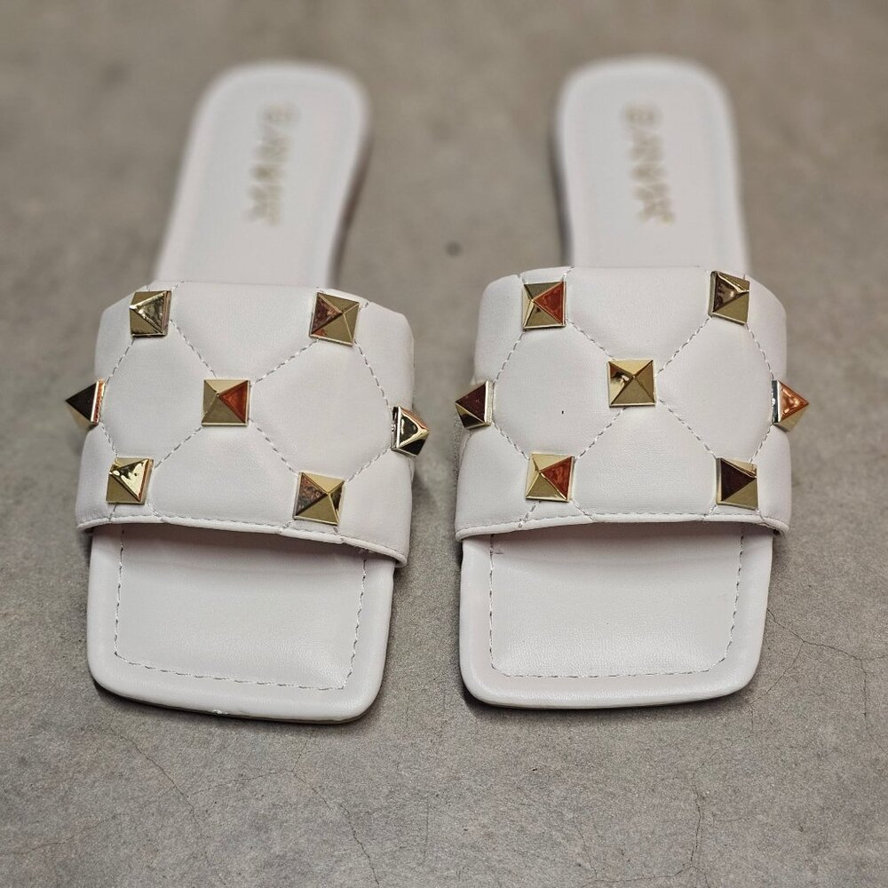 White Studded Slide Sandals With Quilted Strap Design Square Toe Womens - Picture 2 of 6